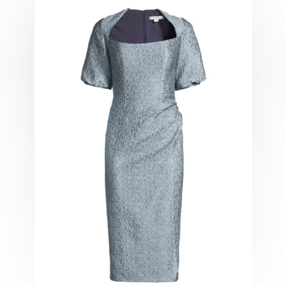 KAY UNGER FLORAL JACQUARD COCKTAIL DRESS IN BLUE